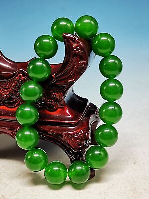SUPERIOR Rare CHINESE Spinach Green Jade Beads Hand Polished Bracelet AD4 • 0.65£