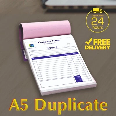 A5 PERSONALISED DUPLICATE INVOICE / Receipt BOOKS - 100 SETS - NCR PAD PRINT - Image 1 of 4