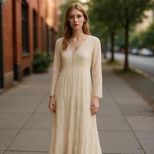 April Cornell Vintage Lace Wedding Dress Barn Cowgirl Prairie Cream Size Large - Picture 1 of 9