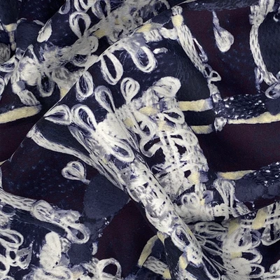 Navy White Abstract Silk Fabric | Printed Designer Deadstock by the Yard 55" W