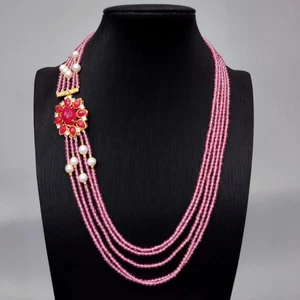 5 Strands Rose Pink Crystal White Pearl Collier Necklace Red Jade Clasp Gift - Picture 1 of 6