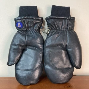 Vtg ARIS Ski Mittens Gloves Black Deer Leather Women’s Size M Down Nylon Lining - Picture 1 of 7