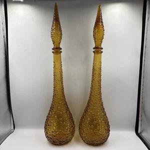2 Large Vintage Empoli Amber Hobnail Genie Bottle W/ Stopper 22" - Picture 1 of 7