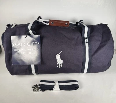 Ralph Lauren Duffel Bag Navy Canvas White Stripe Shoulder Strap Travel Gym - Image 1 of 4