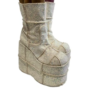 Demonia Stack 201G platform boots white glitter mens 7 womens 9 patchwork zip - Picture 1 of 13