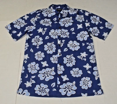 Vintage Hawaiian Shirt Lands End Size M T 90s Blue White Hibiscus Pareo Cotton - Image 1 of 4