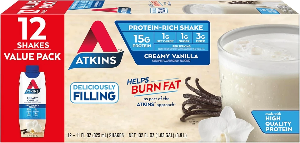 Atkins Creamy Vanilla High Protein Shake 15G Protein Low Glycemic Low Carb an