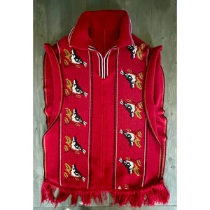 Vtg Aztec Bird Poncho Sweater Serape Fringe Tribal Boho One Size Red - Picture 1 of 5