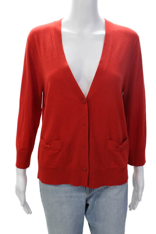 Cárdigan suéter rojo DKNY de manga larga con cuello en V con botones talla L para mujer Foto 1 de 4