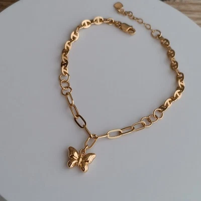 Brazalete de eslabones con dije de mariposa de oro amarillo de 18 quilates tamaño 7" - 8" ligero Au750 NUEVO Foto 1 de 4
