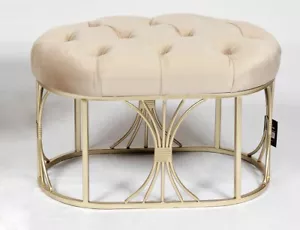 Oval vanity stool beige velvet with gold metal base - Picture 1 of 15
