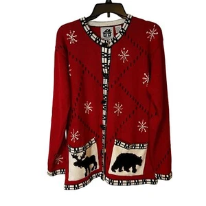 Cardigan maglione maglia Storybook invernale rosso alce orsetto bottoni tasche grande - Foto 1 di 10