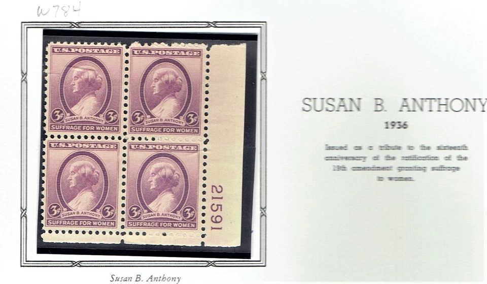 1936 U.S. COMMEMORATIVE 3c Susan B Anthony  Plt#Blk of 4 Sc#784 M/NH/OG GEM ^ - Image 1 of 1