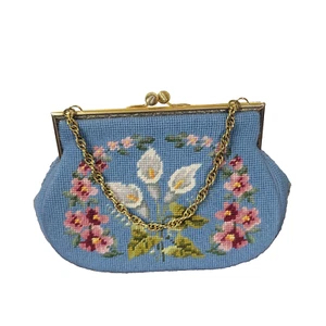 Vintage große Nadelspitze himmelblau Blumen Gold Kette Geldbörse Handtasche mit Münzbörse - Bild 1 von 24