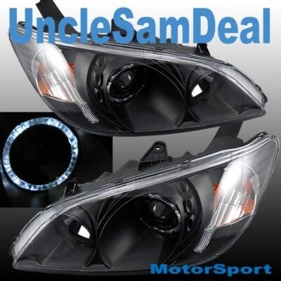 PARA 04-05 HONDA CIVIC 2/4 PUERTAS LED HALO LLANTAS PROYECTOR TRANSPARENTE FARO NEGRO PAR Foto 1 de 2