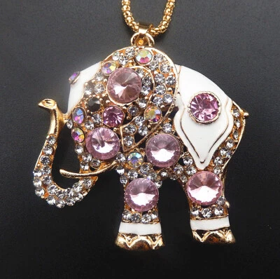 Collar Suéter Colgante Elefante Esmalte Blanco Cristal Rosa/Púrpura Foto 1 de 3