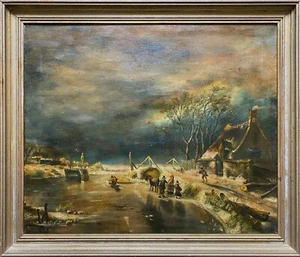 Pintura al óleo original vintage antigua de paisaje rural de invierno nocturno - Imagen 1 de 11