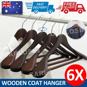 6PCS Extra Wide Shoulder Suit Hangers Solid Wood Coat Jacket Dress Hanging Hooks - Picture 1 of 12