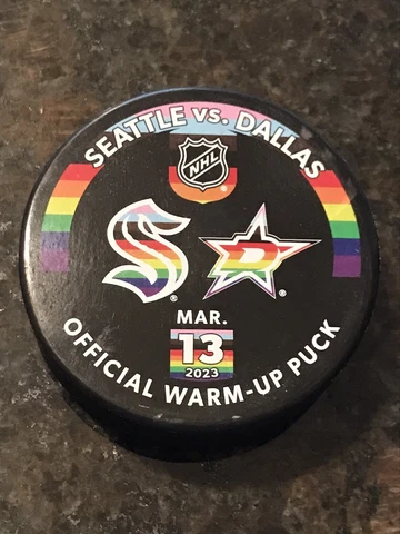 SEATTLE KRAKEN vs Dallas Stars USED Warm-Up Puck 3/13/23 -  Pride Night Cover