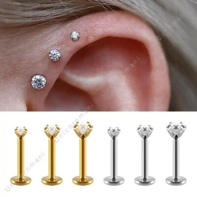 Flat Back Piercing 2/3pc Labret Tragus Stud Earrings 16G Crystal Helix Cartilage - Image 1 of 4