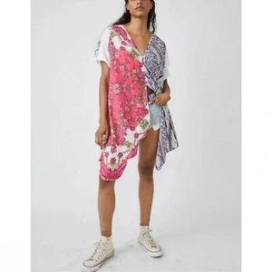 FREE PEOPLE Pick Your Scarf Maxi Tee / Pink Combo Linen Blend Top Size L - Picture 1 of 16