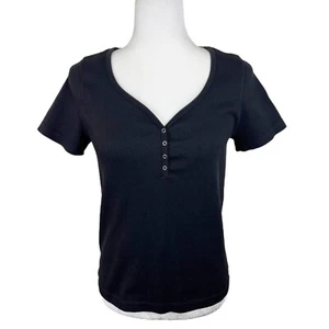 No Boundaries Blouse Women Extra Large Black Short Sleeve Ribbed Knit Henley Top - Picture 1 of 14