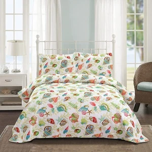 3-teiliges Küstenquilt Set King Size leichte Sommer Tagesdecken Strand Muschel S... - Bild 1 von 7