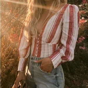 Reformation Finnegan Linen Striped Top Women's Size 10 Red/ White Puff Sleeve - Picture 1 of 9