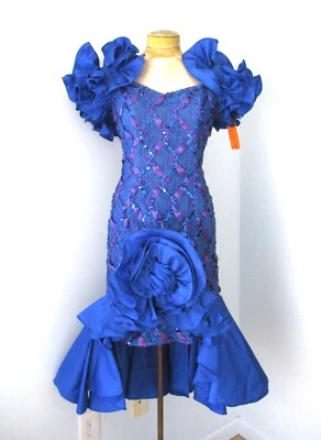 Новый из старых запасов винтажный 80-х 90-х Dave & Johnny синий блестки русалки выпускное платье оборки Hi-Low 10 - Изображение 1 из 4