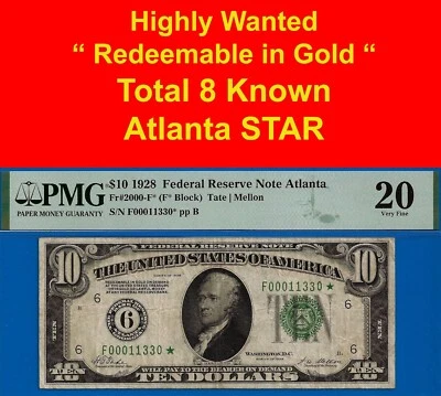 1928 $10 FRN Atlanta Star PMG 20 fancy serial rare total 8 known star Fr 2000-F* - Image 1 of 4
