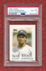1986 TOPPS MINI LEAGUE LEADERS #27 RICKEY HENDERSON PSA 8 NM-MINT HOF YANKEES