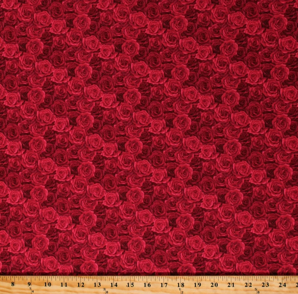 Cotton Red Roses Flowers Floral Summer Garden Fabric Print by the Yard (D379.54) - Image 1 of 1