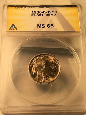 1936-D RPM#1 D/D West FS-501 ANACS MS65 Buffalo Nickel Error  Super Nice!! - Image 1 of 4
