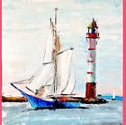 $ Lighthouse Oil Painting Seascape ORIGINAL Artwork Modern Abstract Sailboat Art