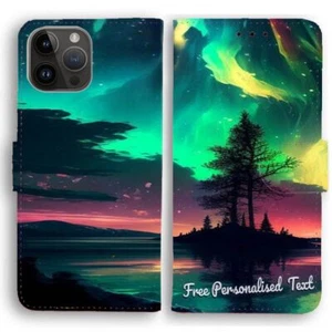 Personalised Text Phone Case For Apple iPhone Aurora Northern Lights Flip Cover - Imagen 1 de 2