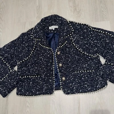 Chaqueta Blazer Elegante Elegante Vintage Alleravec Echo Perlas Azul Tweed Mujer M Foto 1 de 4