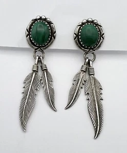 South Western Sterling Silver Dangle Feather Malachite Stud Earrings 2” - Picture 1 of 7