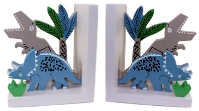 GISELA GRAHAM Wooden BOOKEND SET Grey DINOSAUR Bookshelf Decoration Ornament - Image 1 of 4