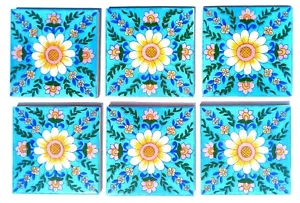 Floral Kitchen Washroom Mosaic Ceramic Tile Handmade 3 inches - Pack of 6 - Picture 1 of 2