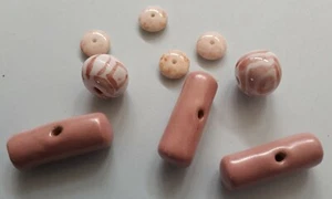 9 pink ceramic kazuri beads mix, variety of shapes, sizes 12x28 , 15 and 10mm - Picture 1 of 3