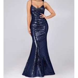 Sexy Vestido de Noche Ever Pretty Azul Marino Correas de Espagueti Cola de Pescado Lentejuelas EE. UU. 16 - Imagen 1 de 12