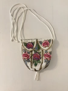 Bolso de Noche Vintage Cuentas a Mano Cartera Cordón Borla Blanco con Rosas Rosas - Imagen 1 de 18