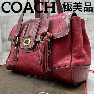 COACH Signature Embroidery Patchwork Turn Lock Shoulder Bag Red Leather Japan - Picture 1 of 13