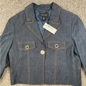 New Karen Millen Blazer Jacket Womens 8 Blue 100% Linen Tailored Cropped - Picture 1 of 16