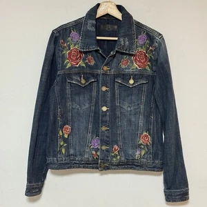 Giacca jeans camionista bianca NYC donna lavaggio scuro denim rosa ricamata floreale M - Foto 1 di 14