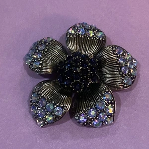 Vintage Brosche Borealis dunkelblau Stein Blume Anhänger  - Bild 1 von 8