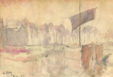 Antike Zeichnung Original signiert Marine, Landschaft, Boote, Hafen, Dorf 1923