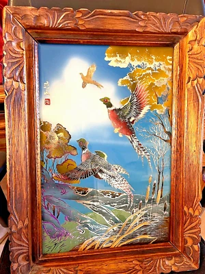GORGEOUS VINTAGE REVERSE GLASS ASIAN PAINTING PHEASANTS, BIRDS, FRAMED! - Image 1 of 4
