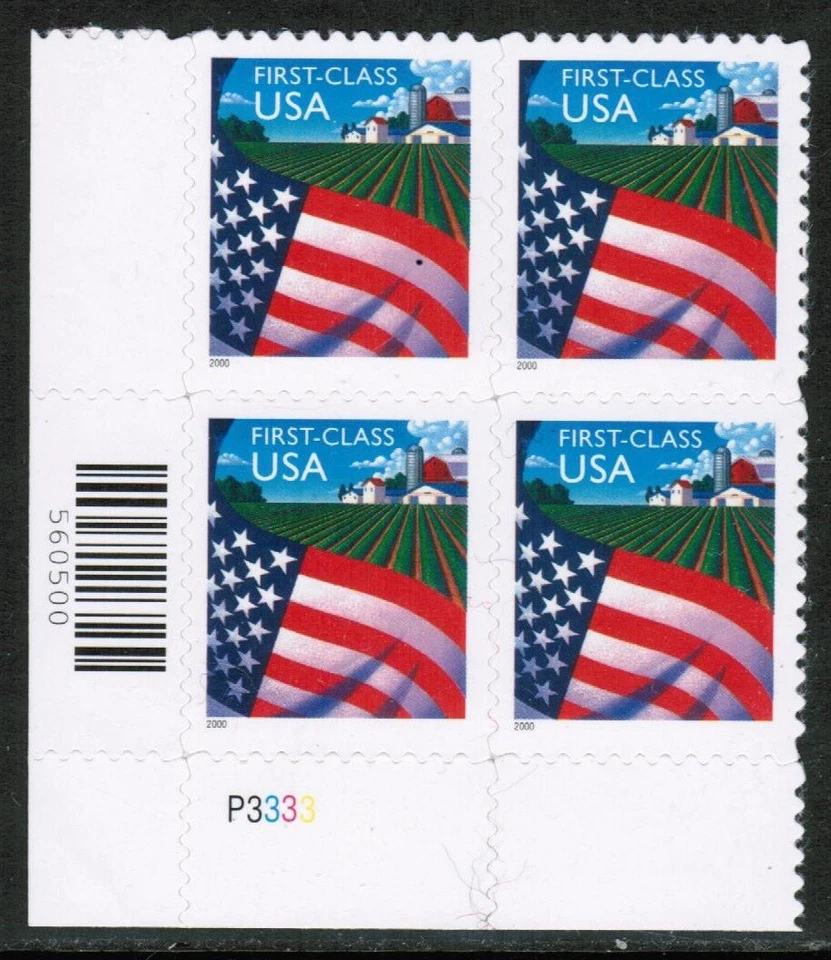 US USA Sc# 3449 MNH FVF PL# BLOCK Flag over Farm Fields Silo Barn - Image 1 of 1