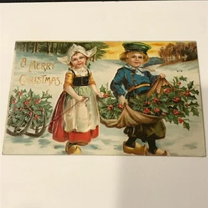 Antike Postkarte 1908 Kinder versammeln Holly A Frohe Weihnachten - Bild 1 von 4